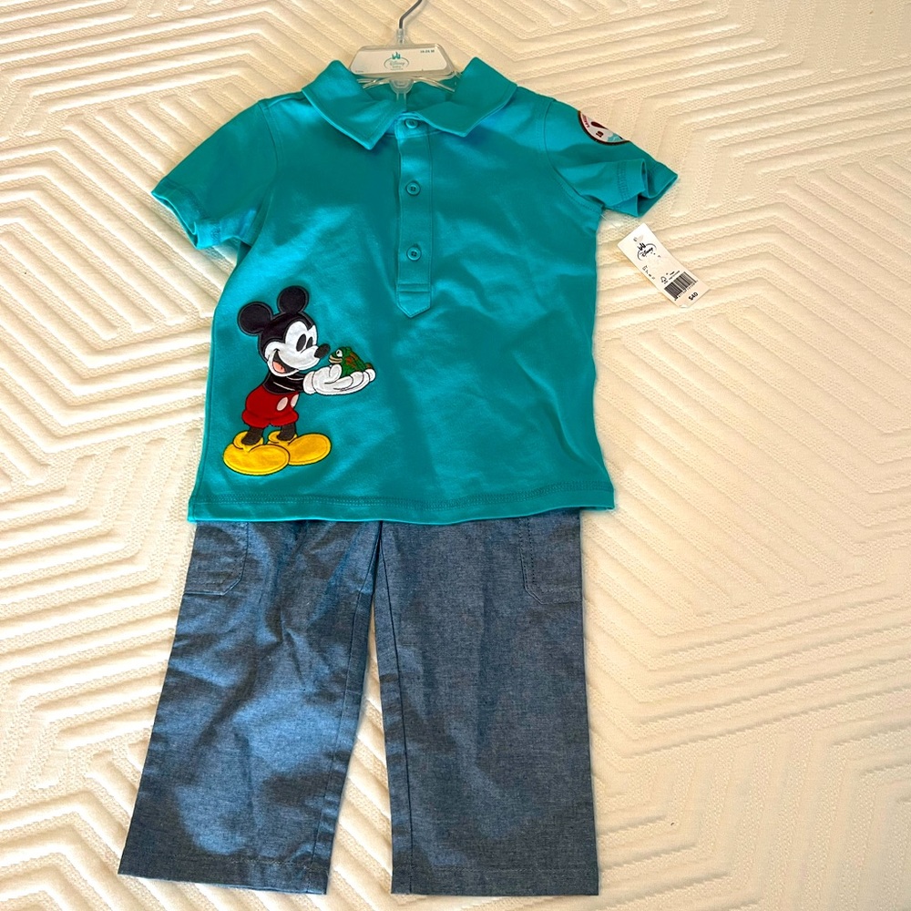 NWT Disney Mickey Mouse teal polo shirt blue elastic band pant set 18-24M cotton